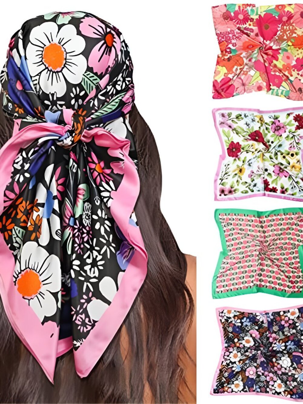 35" Silk Satin Square Head scarves - 4Pcs Large Scarfs Hair Bandana Head